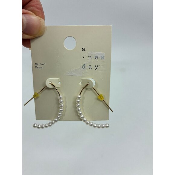 A New Day Pearl Hoop Earrings 1.5in Gold Tone Nickel Free - Picture 3 of 5